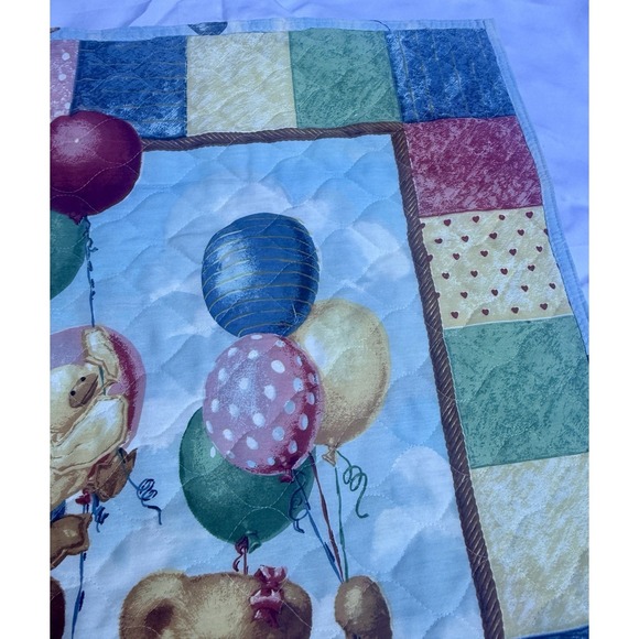 Vintage Blue Jean Teddy Bear Balloon Basket Handmade Crib Wall Quilt Clouds NEW